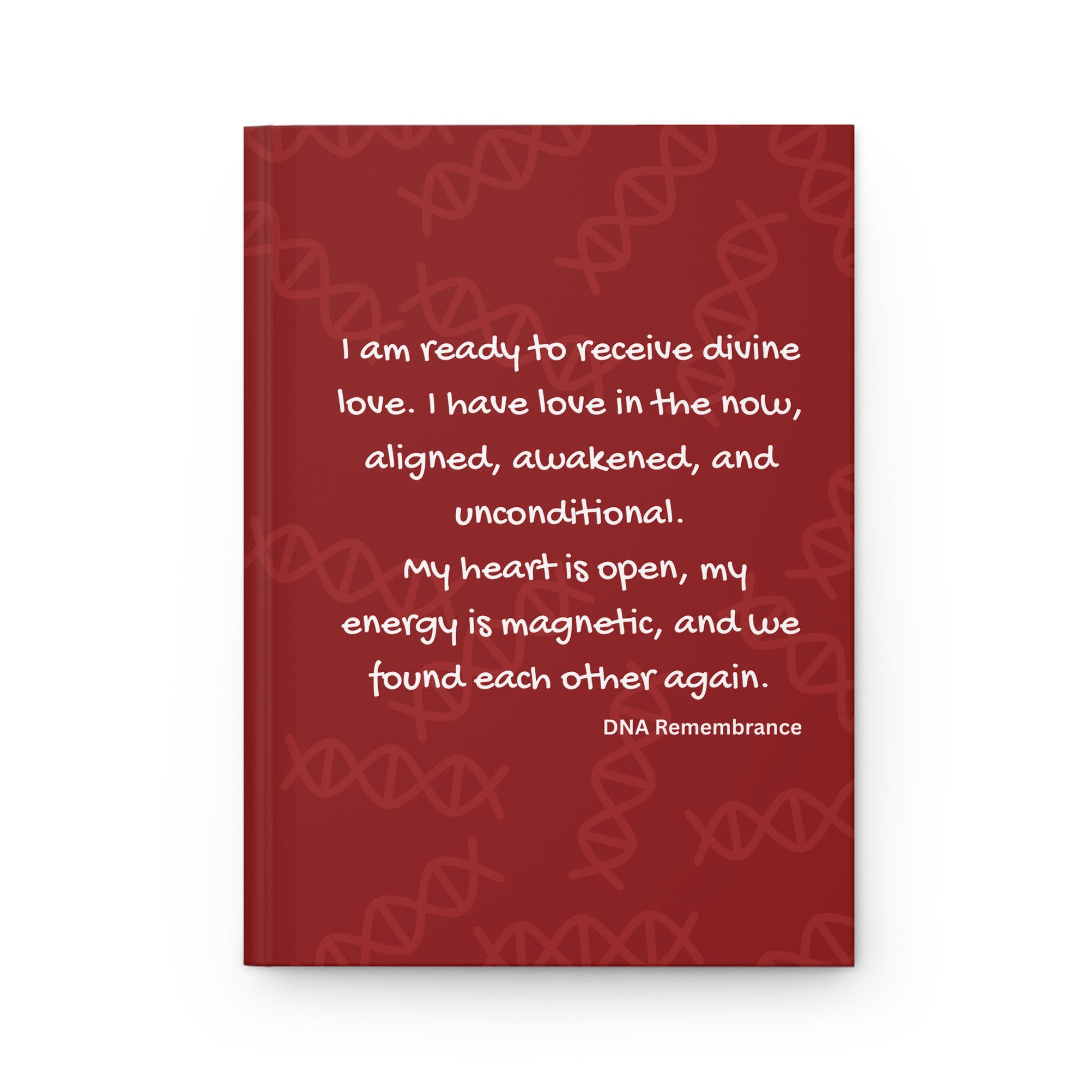 Red notebook with white text and DNA symbol pattern on a white background