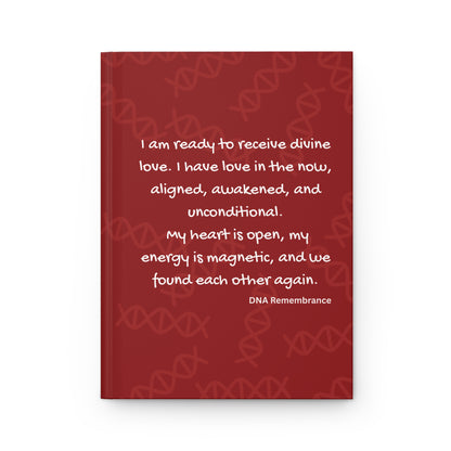 Red notebook with white text and DNA symbol pattern on a white background