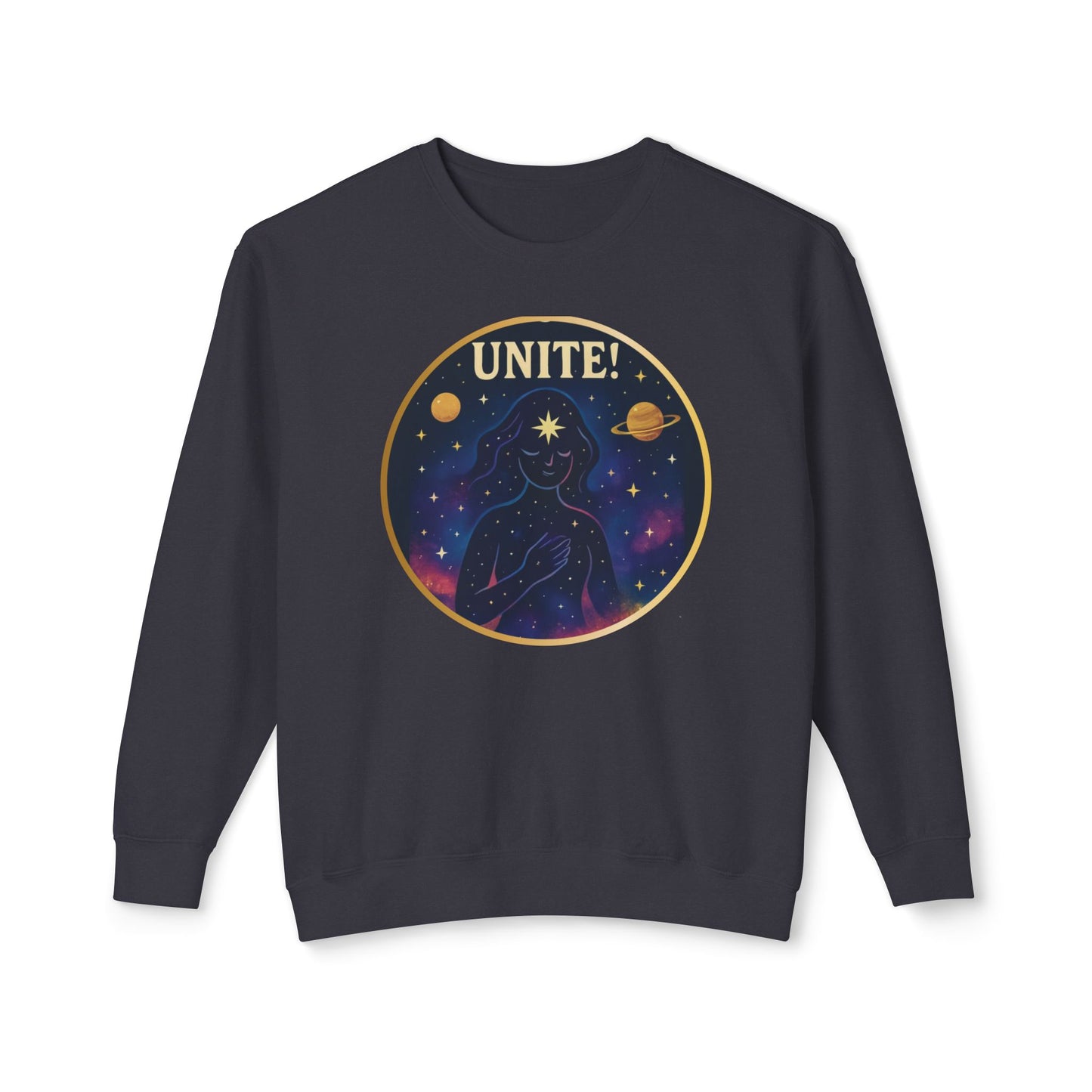Black sweatshirt with 'UNITE!' graphic design on a white background