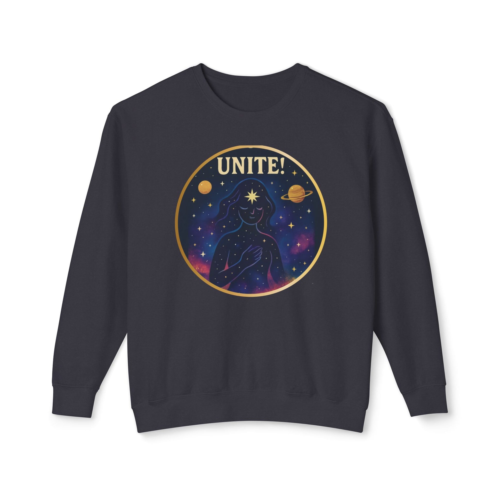 Black sweatshirt with 'UNITE!' graphic design on a white background