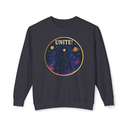 Black sweatshirt with 'UNITE!' graphic design on a white background