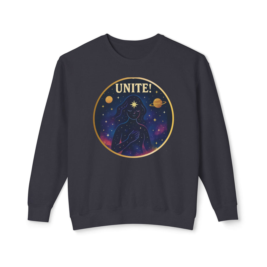 Black sweatshirt with 'UNITE!' graphic design on a white background