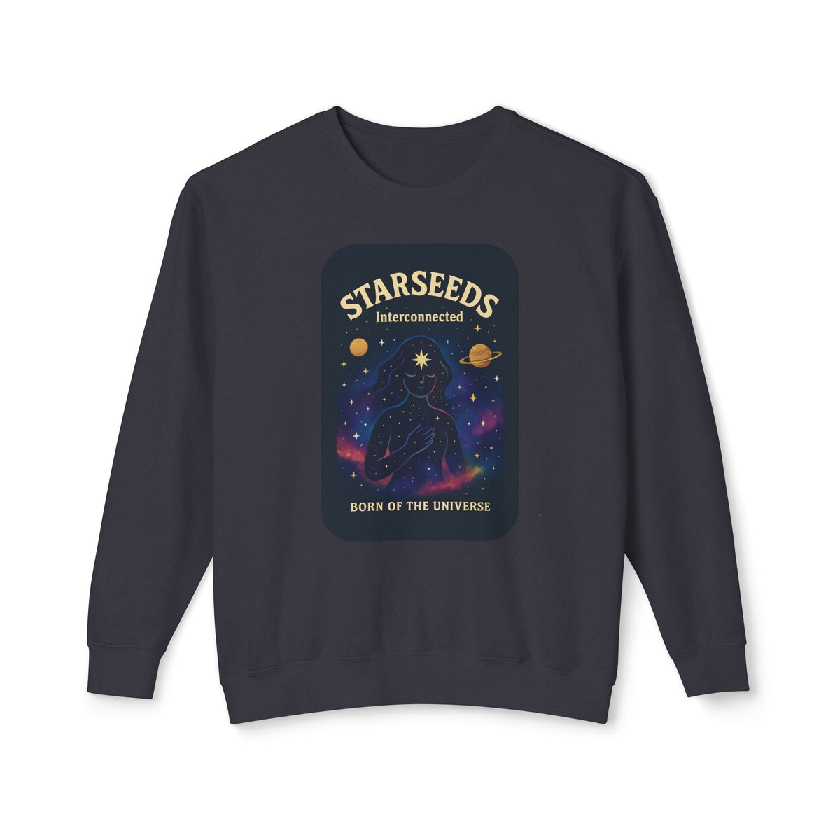 Black sweatshirt with 'Starseeds' graphic design on a white background