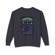 Black sweatshirt with 'Starseeds' graphic design on a white background