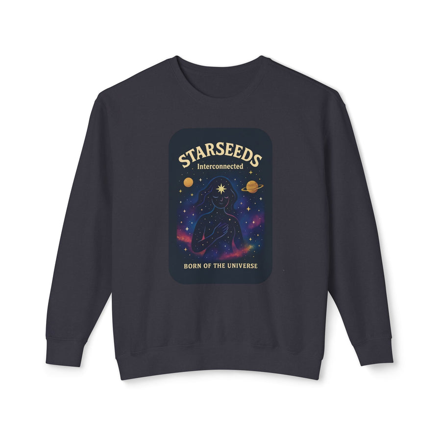 Black sweatshirt with 'Starseeds' graphic design on a white background