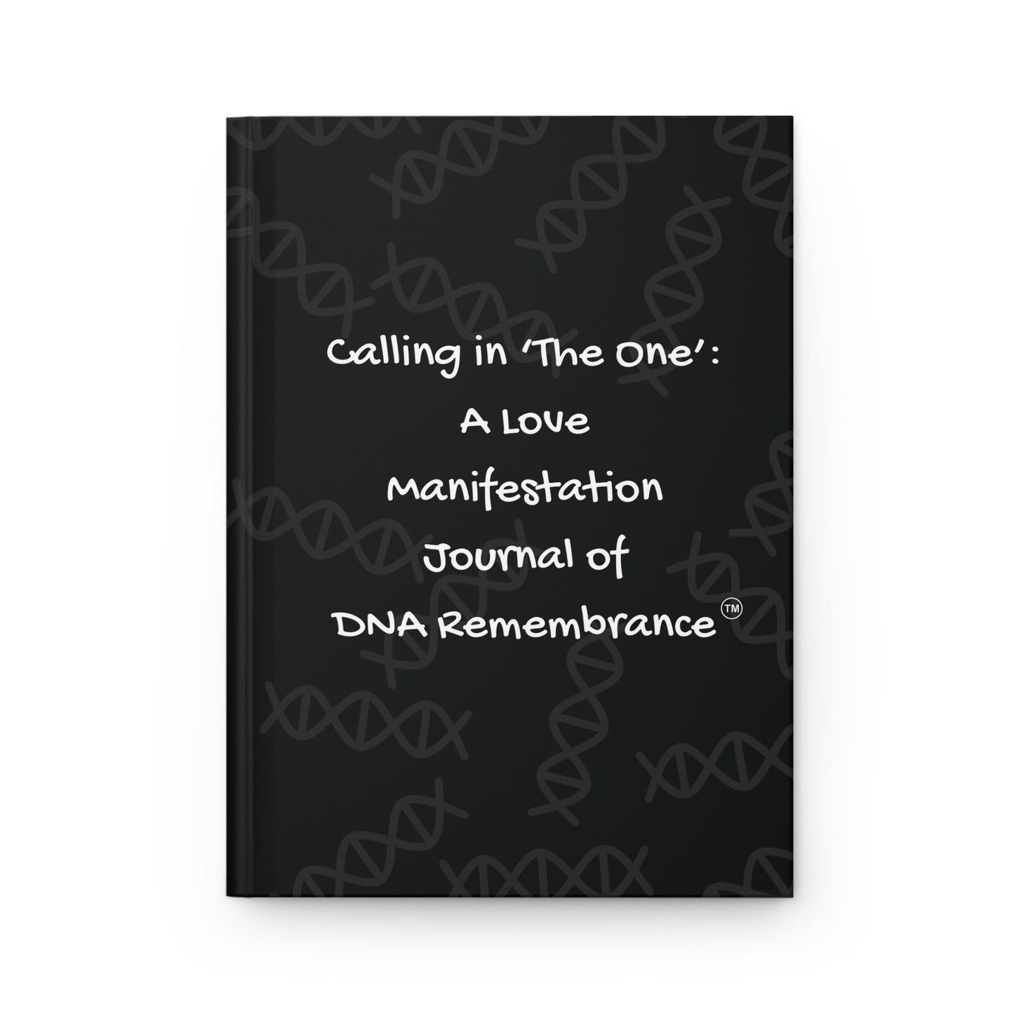 Black journal with white text on a white background