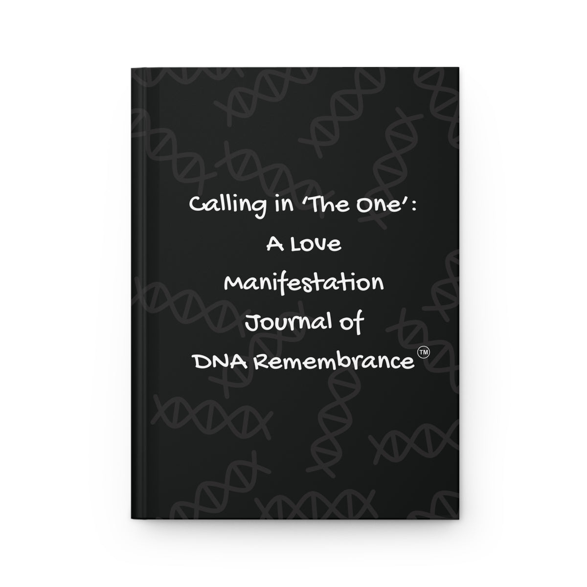 Black journal with white text on a white background
