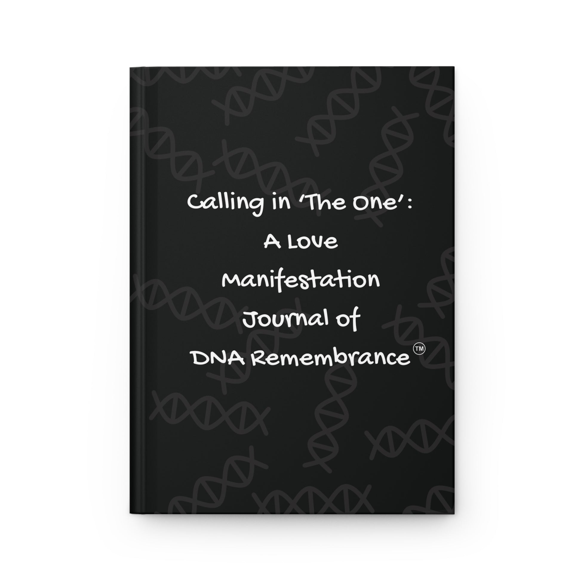 Black journal with white text on a white background