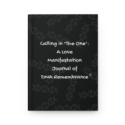 Black journal with white text on a white background
