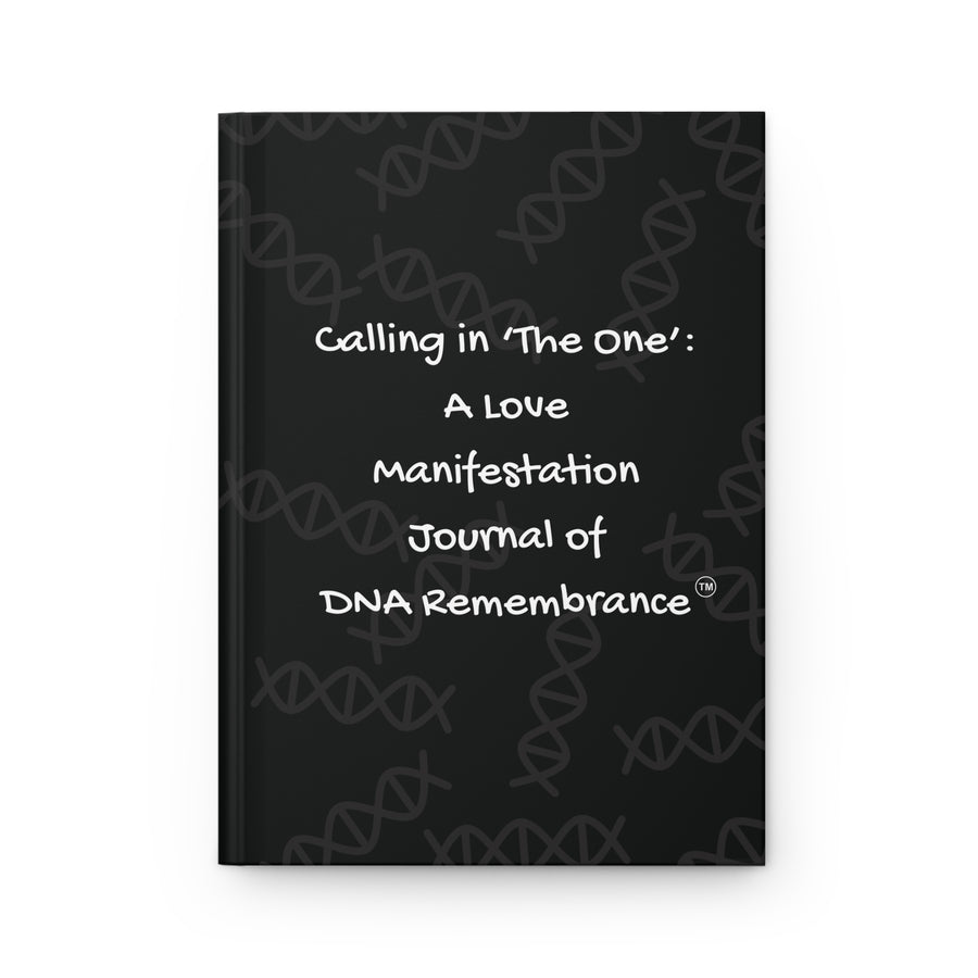 Black journal with white text on a white background