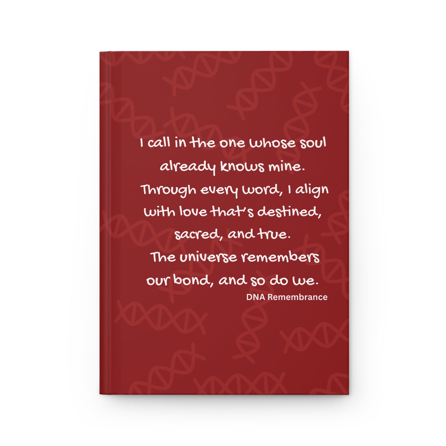 Red notebook with white text on a white background