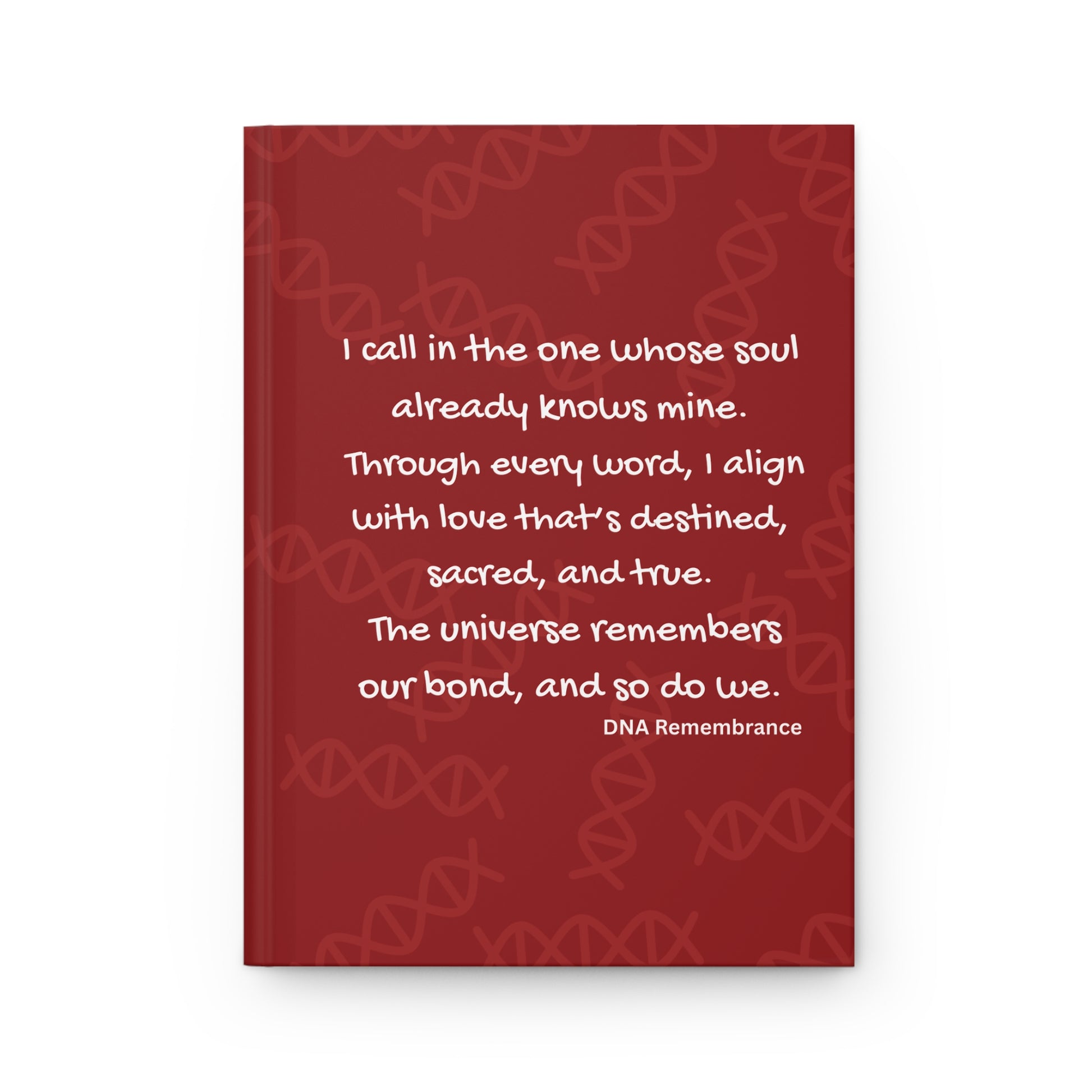 Red notebook with white text on a white background