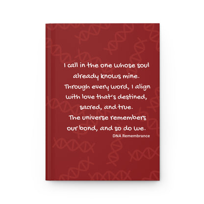 Red notebook with white text on a white background
